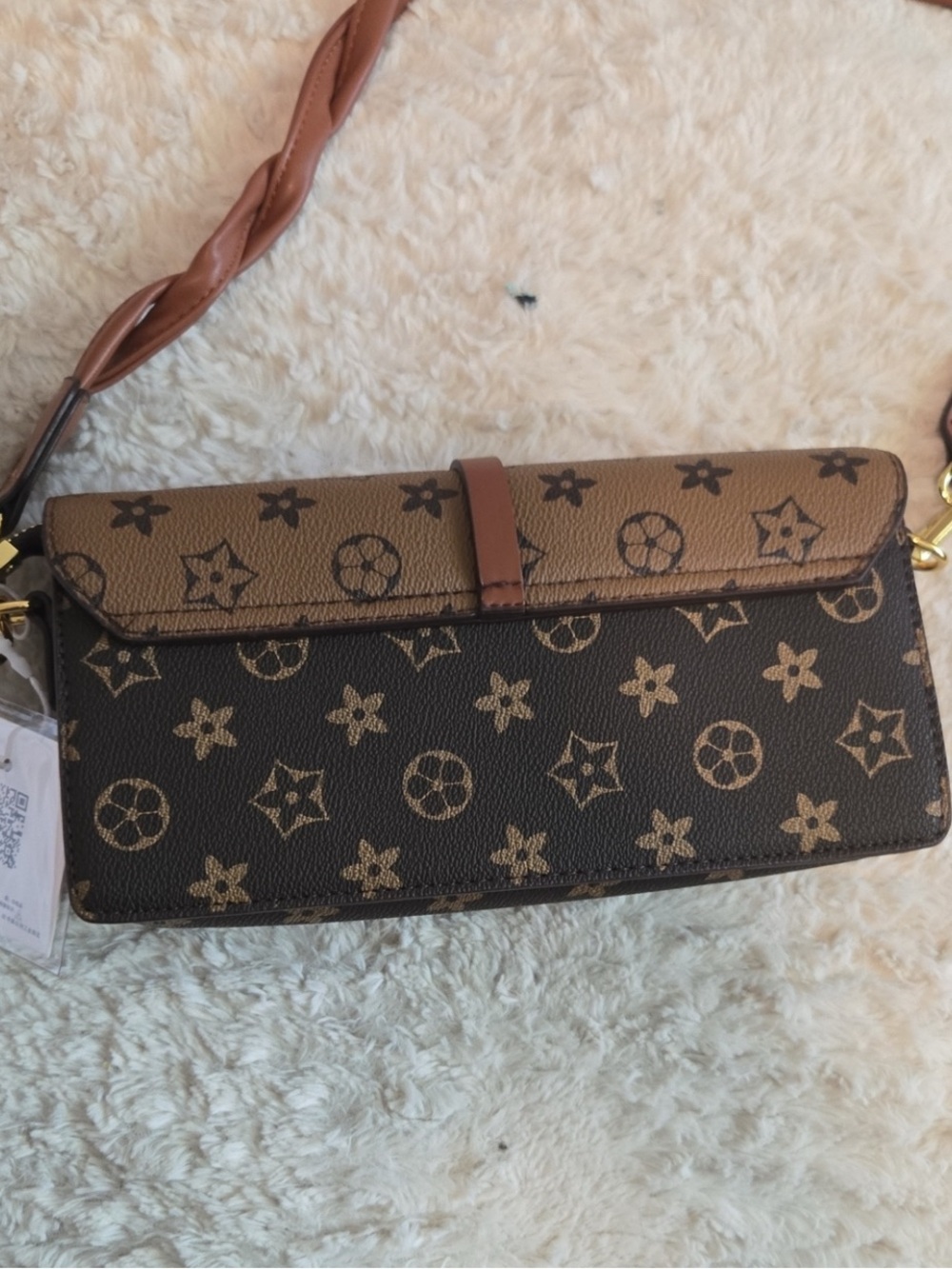 NWT Monogram Flap Crossbody Bag Braided Shoulder Strap Brown Two Tone - Picture 8 of 9